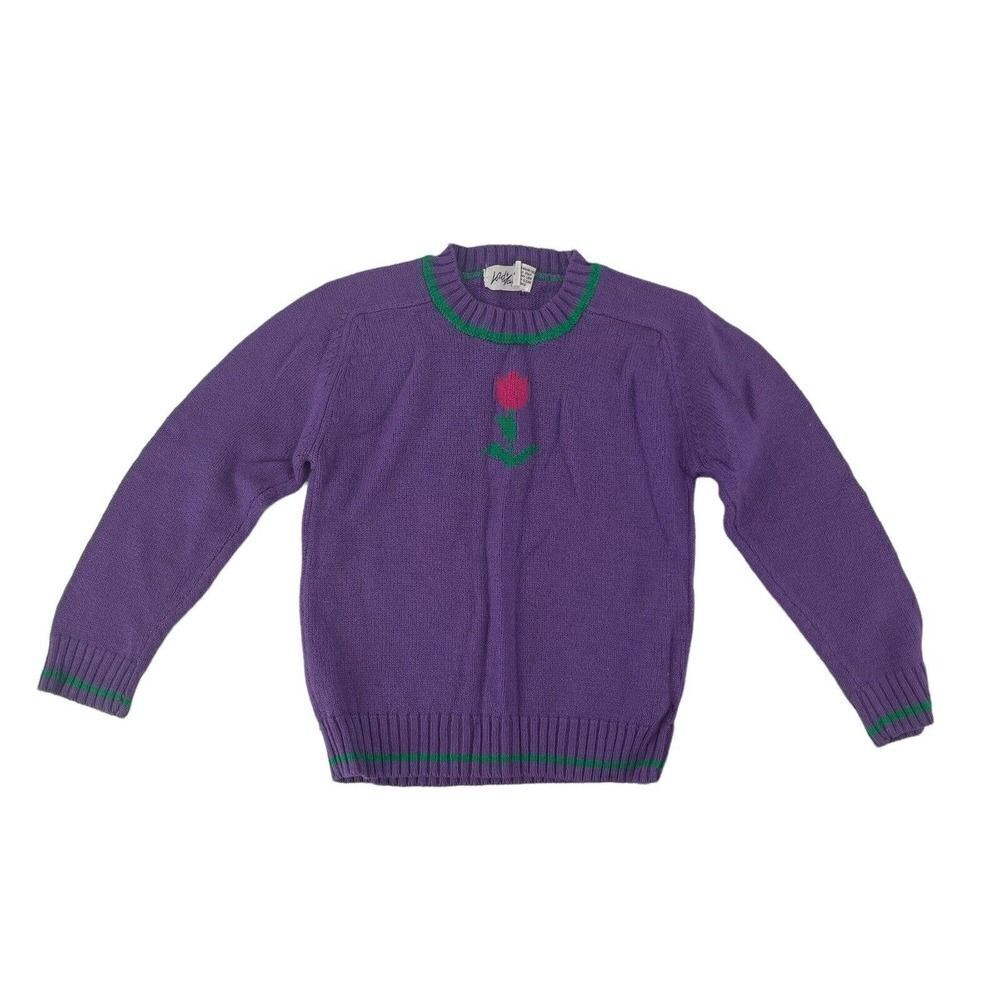Lord & Taylor Vintage Sweater Girls Size Large Purple Tulip Knit 90s Preppy Cute